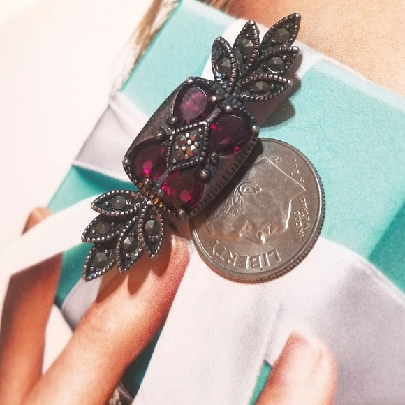 Antique Jewelry - 1930s Antique Garnet Marcasite Sterling Brooch